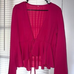 Women’s Deep V Tie-Front Peplum Blouse - Hot Pink
